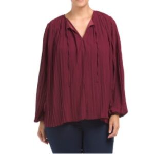 NWT ADIVA Plus Lined Split Neck Pleated Blouse Size 2X Women's Burgundy Blouse